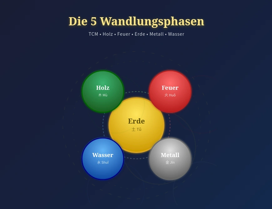 Fünf bunte Kreise repräsentieren die fünf Elemente.