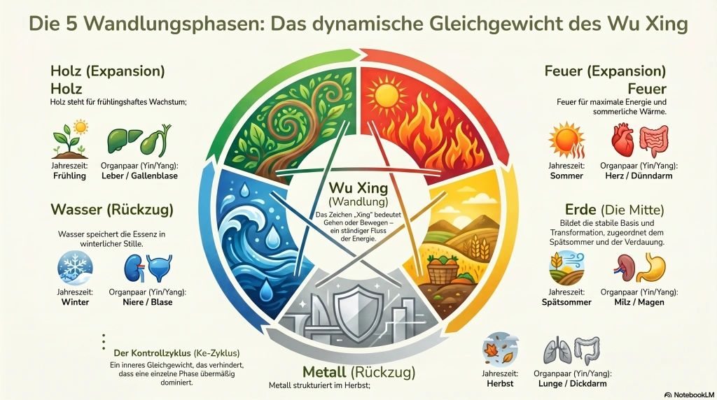 Infografik: Holz, Feuer, Erde, Metall und Wasser