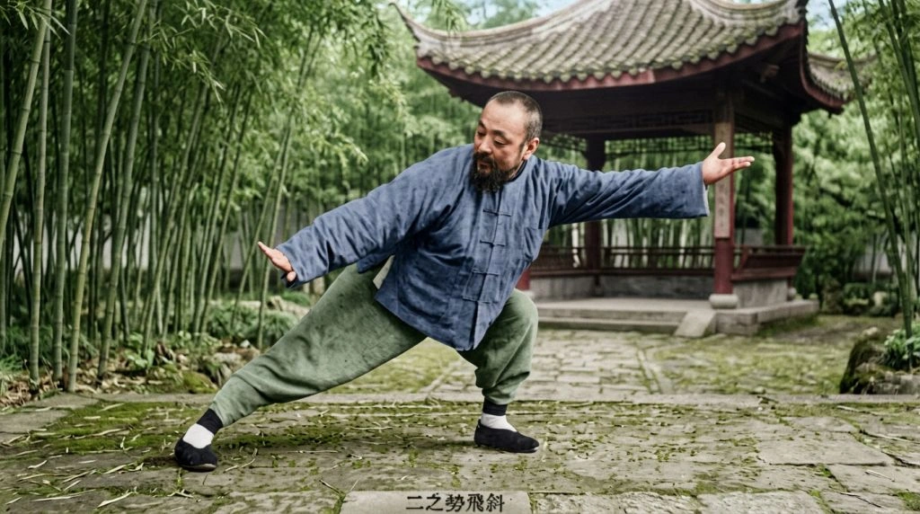 Mann in traditioneller chinesischer Kleidung macht eine Tai Chi Übung